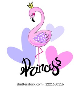 Abstract drawing for t-shirts with pink flamingo princess and hearts. Creative design for girl. Fashion illustration