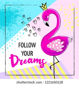 Abstract drawing for t-shirts with pink flamingo princess. Creative design for girl. Fashion illustration