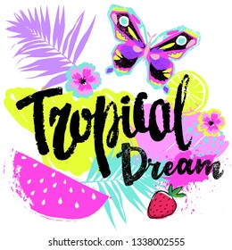 Abstract drawing for t-shirts with summer fruits. Creative design for girl. Fashion illustration in tropical style