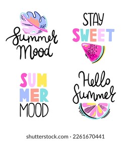 Abstract drawing for t-shirts with summer fruits and lettering. Creative design for girl. Fashion set illustration in tropical style