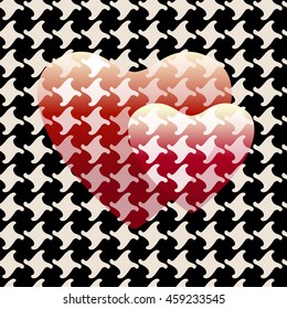 Abstract drawing two red hearts (big and small together) with a pattern Pepita or houndstooth, background   black and white , color  design print,  texture of love to fashion , seamless wallpaper