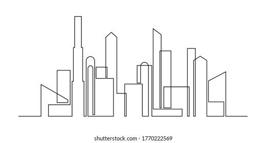 Abstract drawing of urban skyline in continuous line art drawing style. Modern cityscape black linear design isolated on white background. Vector illustration