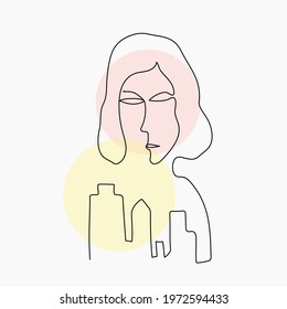 Abstract drawing of a woman, face one line with the city. Two geometric elements - circles in pastel colors yellow and pink.Vector graphics, isolated background.