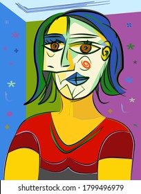 abstract drawing, woman head in cubist art style