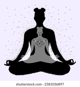 Abstract drawing of a woman meditating in the lotus position against a dark silhouette. Vector illustration in black on white background.