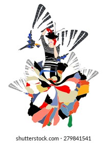 Abstract drawing  woman in striped dress (black white), floral skirt, hat butterfly, color  vector fashion design print, stylish texture spring summer fall, logo