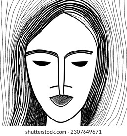 Abstract drawing of a woman's face, primitive, minimalist style, black and white, vector design