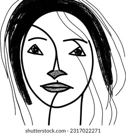 Abstract drawing of a woman's face, primitive, minimalist style, black and white, vector design