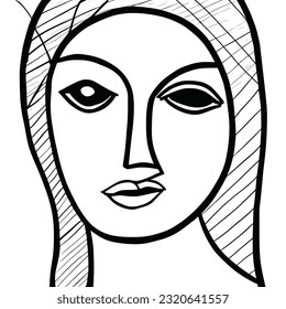 Abstract drawing of a woman's face, primitive, minimalist style, black and white, vector design