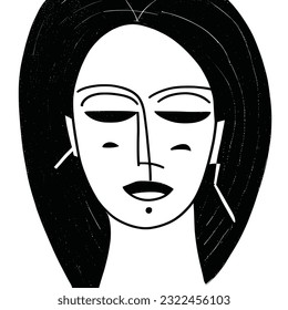 Abstract drawing of a woman's face, primitive, minimalist style, black and white, vector design