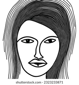 Abstract drawing of a woman's face, primitive, minimalist style, black and white, vector design