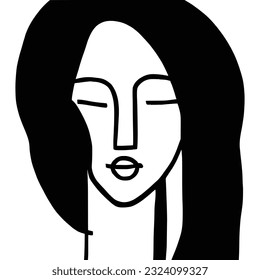 Abstract drawing of a woman's face, primitive, minimalist style, black and white, vector design