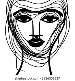 Abstract drawing of a woman's face, primitive, minimalist style, black and white, vector design