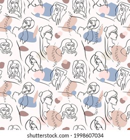 Abstract drawing of women's faces. Seamless pattern. The Woman's Face continuous Line art. Abstract Contemporary collage of geometric shapes in a trendy style. Portrait of a female seamless background