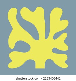 Abstract drawing of yellow algae in a gray-blue square. Artistic algae.