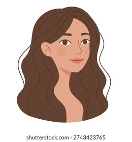 Abstract drawing of a young smiling brunette woman with long wavy hair. Modern trendy minimal hand drawn flat color style. Design for print, logo, sticker, card. Vector illustration isolated on white.