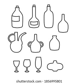 Abstract drawings set of bottles, jugs, glasses on a white isolated background in sketch, line design. Decoration, postcards, posters.