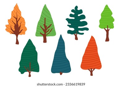 Abstract drawings of trees, colorful set of hand drawn illustrations, vector 