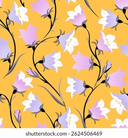 Abstract drawn flowers on yellow background. Seamless vector drawing. Vintage print with small bells. Retro textile collection.