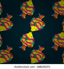 Abstract drawn pattern with fishes. Seamless marine background. Cute fabric texture on dark blue background.