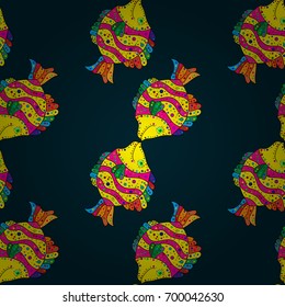 Abstract drawn pattern with fishes. Seamless marine background. Cute fabric texture on dark blue background.