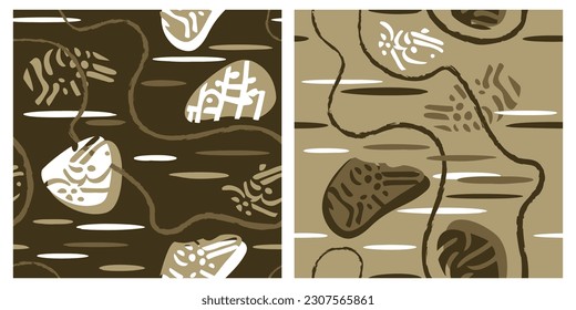 Abstract drawn seamless pattern set with leaves and grungy lines for textile - modern vector repeatable background in neutral color
