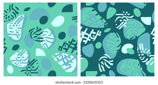 Abstract drawn seamless pattern set with leaves and grungy lines for textile - modern vector repeatable background in blue green color