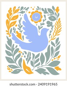 Abstract drawn vector graphics, drawn illustration dove groovy Y2K background. Vector posters in trendy retro psychedelic 2000s style. Aesthetic hippie. Girly cute design.