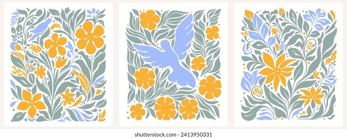 Abstract drawn vector graphics, drawn illustration dove groovy Y2K background. Vector posters in trendy retro psychedelic 2000s style. Aesthetic hippie. Girly cute design.