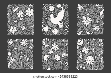 Abstract drawn vector graphics, drawn illustration dove groovy Y2K set. Vector posters in trendy retro psychedelic 2000s style. Aesthetic hippie. Girly cute design.