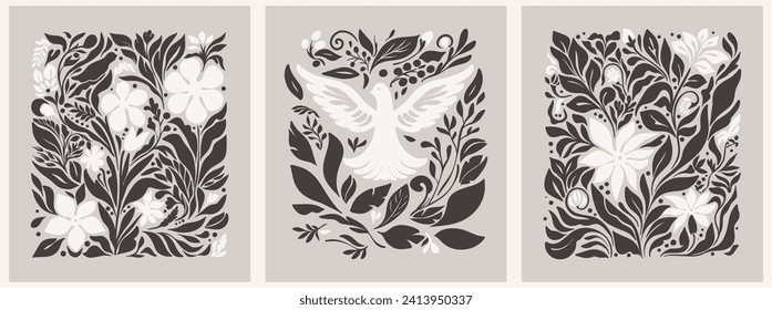 Abstract drawn vector set graphics, drawn illustration dove groovy Y2K background. Vector posters in trendy retro psychedelic 2000s style. Aesthetic hippie. Girly cute design.