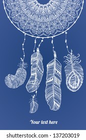 Abstract dream catcher. Vector illustration, vintage style. Greeting card or background with place for your text.