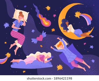 Abstract dream set. Various multiracial sleeping female characters. Sleepover. Moon, clouds, stars, comet and mysterious symbols . Flat colorful cartoon vector illustration