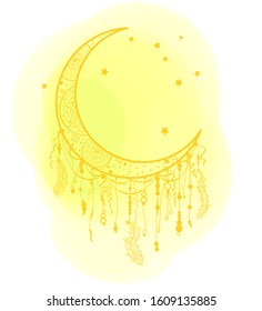 Abstract dreamcatcher on digital painted spot. Colored aquarelle stain. Hand drawn watercolour splotch