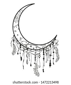 Abstract dreamcatcher on isolated white. Abstract mystic symbol. Design for spiritual relaxation for adults. Line art creation. Black and white illustration for coloring