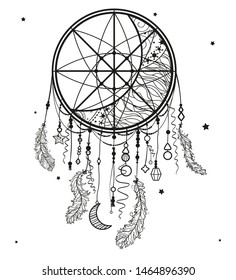 Abstract dreamcatcher on white. Design for spiritual relaxation for adults. Black and white illustration for coloring