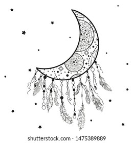 Abstract dreamcatcher on white. Mystic symbol. Design for spiritual relaxation for adults. Black and white illustration