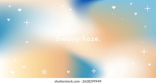 Abstract dreamy haze gradient background with pixel sparkle elements. Blurred vector texture in light blue and beige color transition. Y2k inspired retro pattern. Pastel colors. Cirrus clouds banner