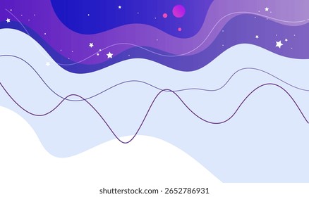 Paisagem de espaço sombrio com linhas vermelhas-roxas fluindo, sobreposição de formas roxas e azuis em forma de nuvem, estrelas dispersas e acentos celestiais em estilo etéreo suave