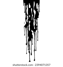 Abstract Dripping Paint. Black ink flows down in long streams and drops. The flowing black liquid. Droplets. Dirty grunge texture. Vector illustration isolated on white background. Design element
