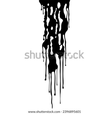 Abstract Dripping Paint. Black ink flows down in long streams and drops. Flowing black liquid. Droplets. Dirty grunge texture. Vector isolated on white background. Wet slick. Design element