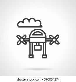 Abstract drone with camera. Smart hobby toy with action camera. Videography or surveillance symbol. Simple black line vector icon. Single element for web design, mobile app.