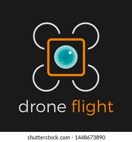 Abstract drone with camera, vector simple and stylized logo on black background