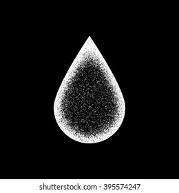 Abstract drop badge, blank button template with film grain, noise, grunge texture and black background for design concepts, posters, banners, web and prints. Vector illustration