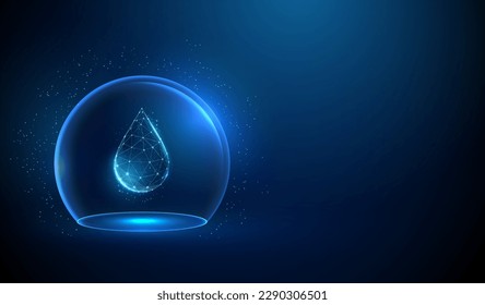 Abstract drop of water in blue glass dome. Neon sphere shield. Protection concept. Low poly style design. Blue geometric background. Wireframe connection structure. Modern 3d graphic concept. Vector