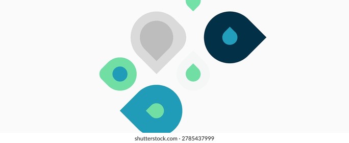 Abstract drops, varying shades blue, green, gray. Minimalist design, clean background, simple shapes, modern aesthetic.