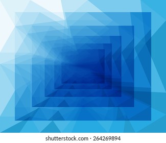 Abstract Droste effect geometric triangles and squares shapes in shades of blue