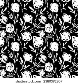 Abstract Dry Brush Ink Roses Seamless Pattern.