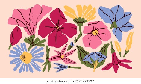 Abstract dry plants. Pressed summer flowers. Various Herbarium branches, Flowers and Leaves. Cartoon style. Hand drawn modern Vector illustration. Isolated design elements. Floral, botanical concept