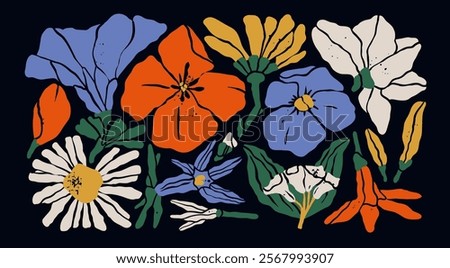 Abstract dry plants. Pressed summer flowers. Various Herbarium branches, Flowers and Leaves. Cartoon style. Hand drawn modern Vector illustration. Isolated design elements. Floral, botanical concept